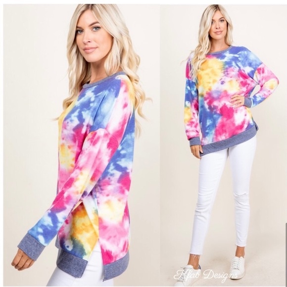 New! Tie Dye Waffle Knit Contrast Side Slit Band Relaxed Top - Picture 9 of 10